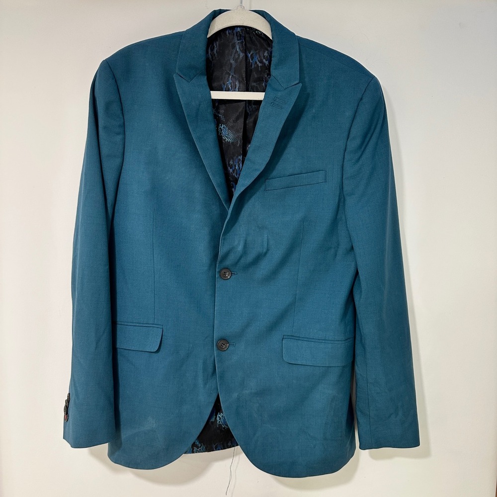 Topman Mens Blazer Skinny Fit Two Button Snakeskin Lining Teal Blue 40R Jacket